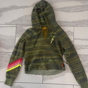 Aviator Nation Green Camouflage Hoodie with Pink and Yellow Stripes